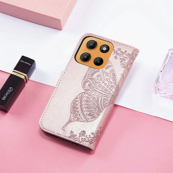 Flip case for Motorola Moto G15 / Motorola Moto G15 Power, Butterfly, pink rose gold