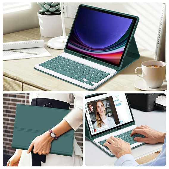 Case + keyboard Samsung Galaxy Tab S9 FE, Leather Pen Slot, dark green