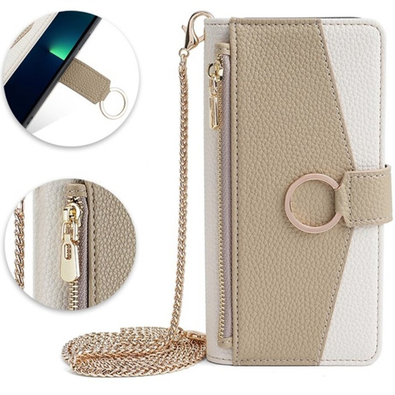 Flip case for Samsung Galaxy S22, Wallet Zipper Pocket, with mirror, white