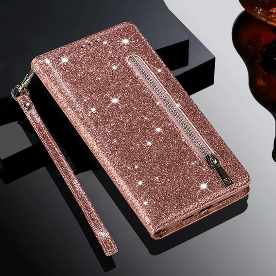 Flip case for Samsung Galaxy A36 5G, Wallet Zipper Pocket Glittery, pink rose gold
