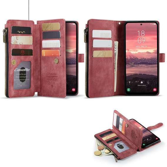 CASEME case for Samsung Galaxy A56 5G, Leather Wallet Cash and Card Slots, with strap, red