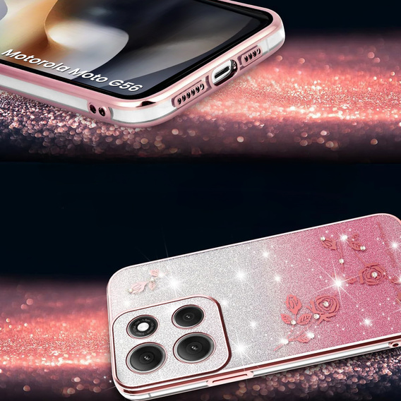 Case for Motorola Moto G56 5G, Glitter Flower, pink rose gold