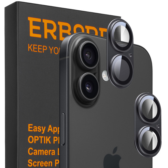 Camera glass for iPhone 16 / 16 Plus, black metal overlay ERBORD