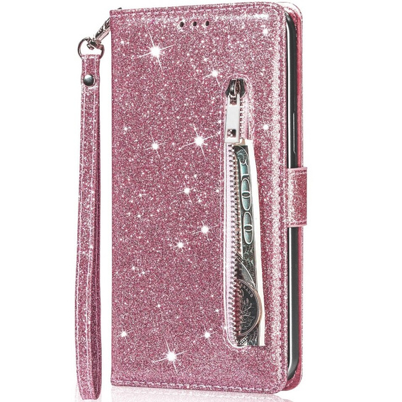 Flip case for Samsung Galaxy A55, Wallet Zipper Pocket Glittery, pink rose gold