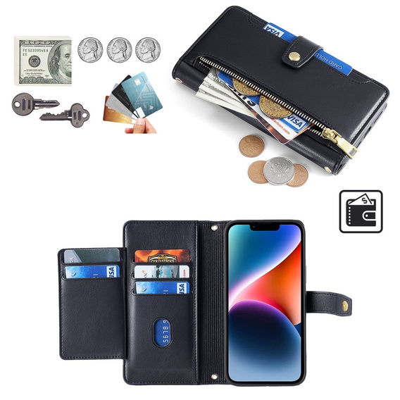 Flip case for iPhone 14, Wallet Zipper Pocket, black
