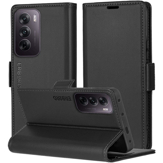 Case for Oppo Reno 12, ERBORD Glossy Litchi, wallet with flap, black