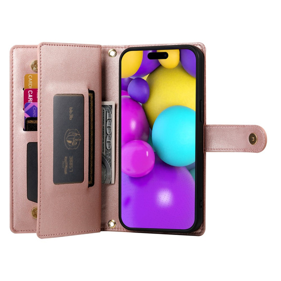 Flip case for iPhone 16 Plus, Wallet Zipper Pocket, pink