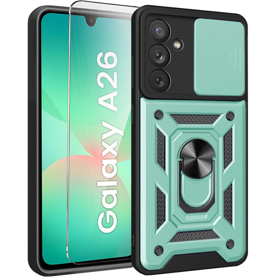 Armored Case for Samsung Galaxy A26, CamShield Slide, green + Tempered Glass 9H