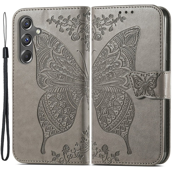 Flip case for Samsung Galaxy A15, Butterfly, grey + 9H glass  