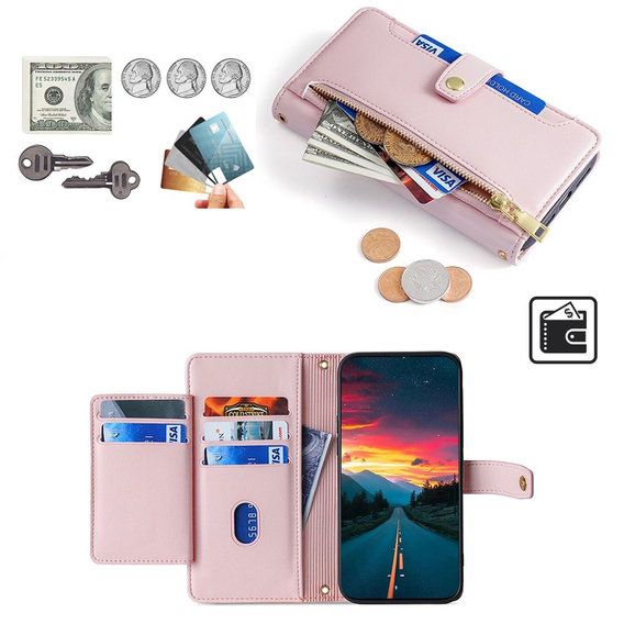 Flip case for Realme 14 Pro+ 5G, Wallet Zipper Pocket, pink