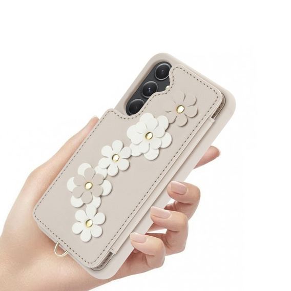 Case for Samsung Galaxy S23 FE, Leather Flower Card Slot, beige