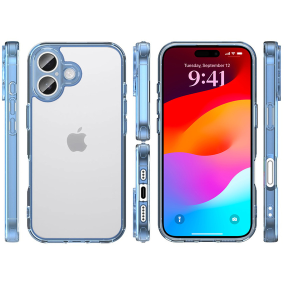 Case for iPhone 17, with camera cover, transparent with blue sides