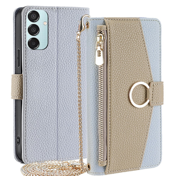 Flip case for Samsung Galaxy M15 5G, Wallet Zipper Pocket, with mirror, blue