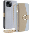 Flip case for iPhone 15, Wallet Zipper Pocket, with mirror, blue