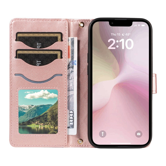 Flip case for iPhone 16E, Rhombus Crossbody Leather, pink rose gold