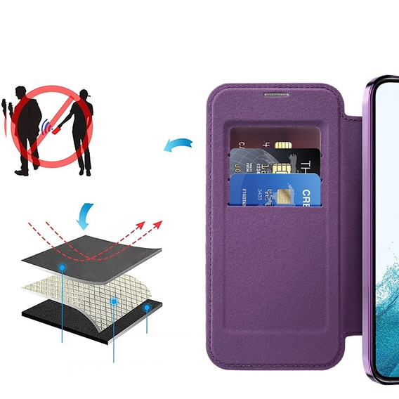 Flip case for Samsung Galaxy S22 5G, RFID Wallet MagSafe CamShield, purple