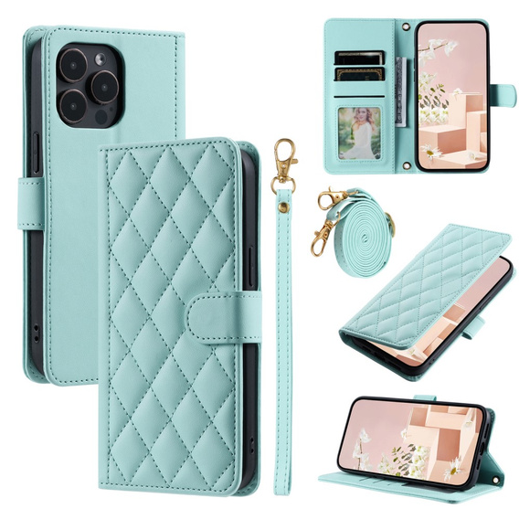 Flip case for iPhone 16 Pro Max, Rhombus Crossbody Leather, green