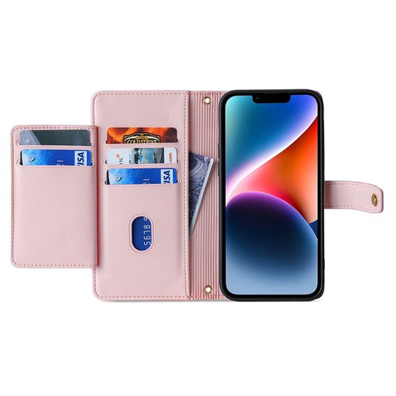 Flip case for iPhone 15, Wallet Zipper Pocket, pink