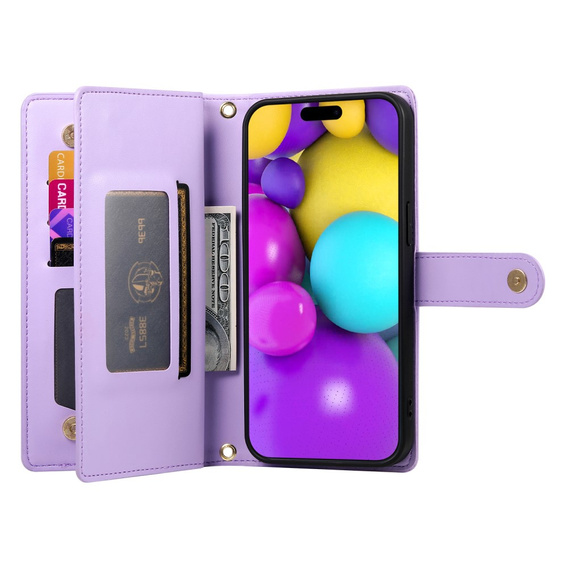 Flip case for iPhone 16 Plus, Wallet Zipper Pocket, purple