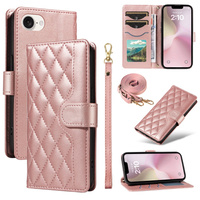 Flip case for iPhone 16E, Rhombus Crossbody Leather, pink rose gold