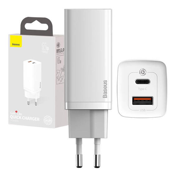 Baseus GaN2 Lite 65 W USB-C + USB-A mains charger, white (EU)