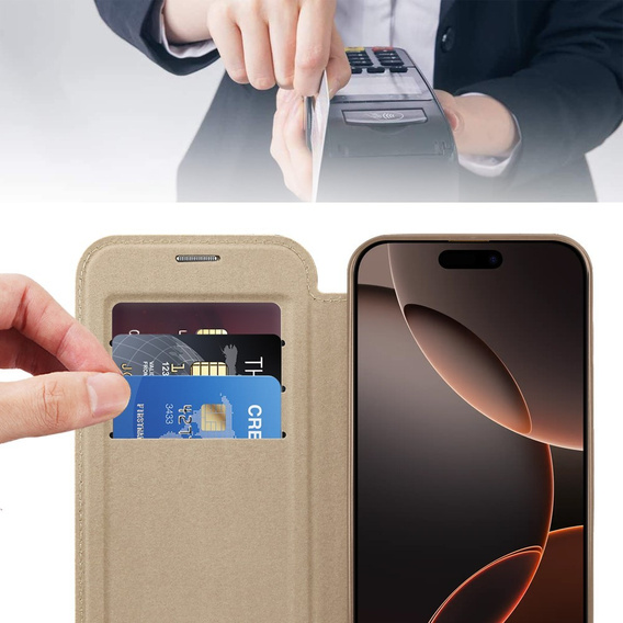 Flip case for iPhone 16 Pro, RFID Wallet MagSafe CamShield, gold
