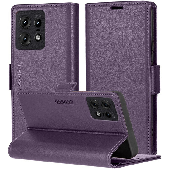 Case for Motorola Edge 50 Pro, ERBORD Glossy Litchi, wallet with flap, purple
