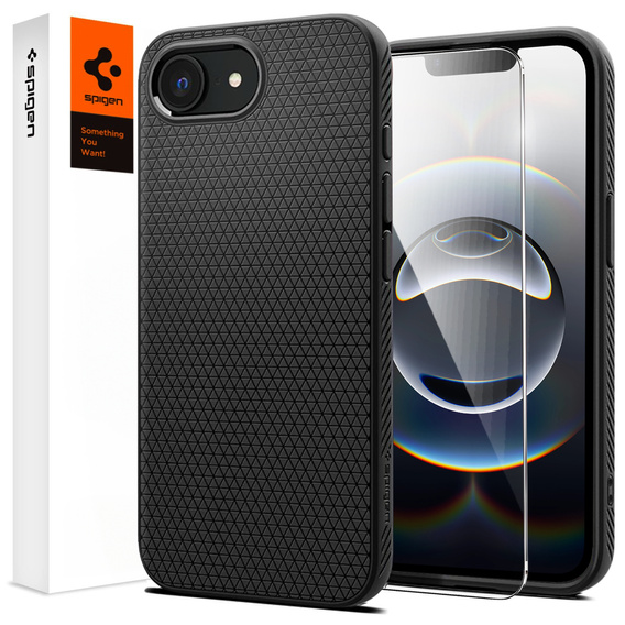 Spigen case for iPhone 16E, Liquid Air, black + 9H Tempered Glass