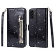 Flip case for Samsung Galaxy A55, Wallet Zipper Pocket Glittery, black