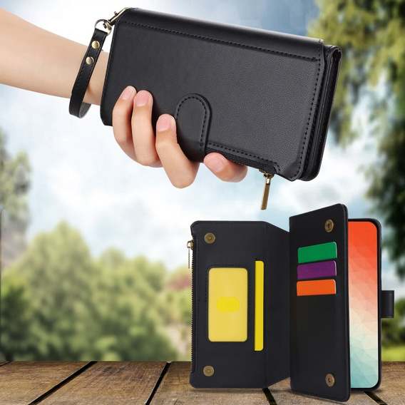 Flip case for Samsung Galaxy S24, Wallet Zipper Pocket RFID, with shoulder strap, black