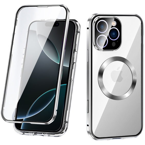 Magnetic Dual Glass MagSafe case for iPhone 16 Pro Max, silver