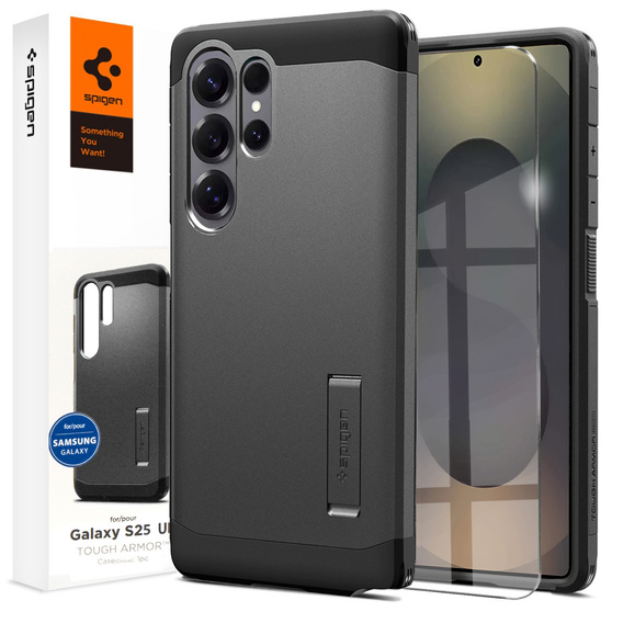 Spigen case for Samsung Galaxy S25 Ultra, Tough Armor Mag MagSafe, grey + 9H Tempered Glass