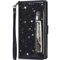 Flip case for Samsung Galaxy A55, Wallet Zipper Pocket Glittery, black