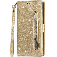 Flip case for Samsung Galaxy A55, Wallet Zipper Pocket Glittery, gold