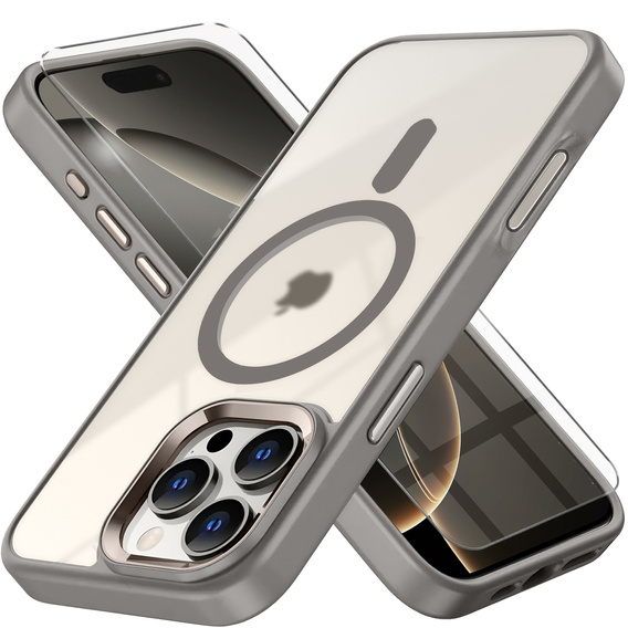 Case for iPhone 16 Pro Max, for MagSafe, ERBORD Matt Case, transparent / titanium + Screen Glass