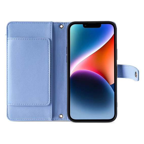 Flip case for iPhone 15, Wallet Zipper Pocket, blue