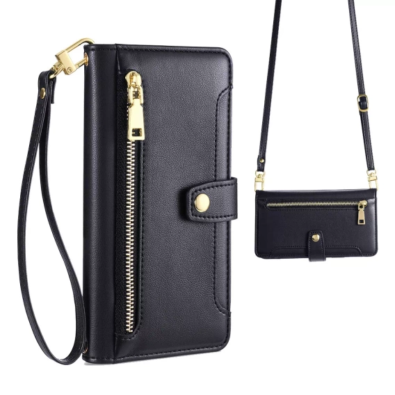 Flip case for iPhone 16E, Wallet Zipper Pocket, black