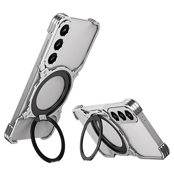 Case for Samsung Galaxy S25, Kickstand Bumper, with lens cover, for MagSafe, silver