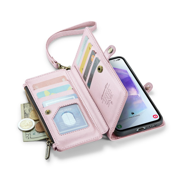 Case CASEME for Samsung Galaxy A55 5G, RFID Leather Wallet, with shoulder strap, pink