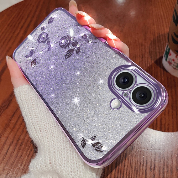 Case for iPhone 16, Glitter Flower, purple