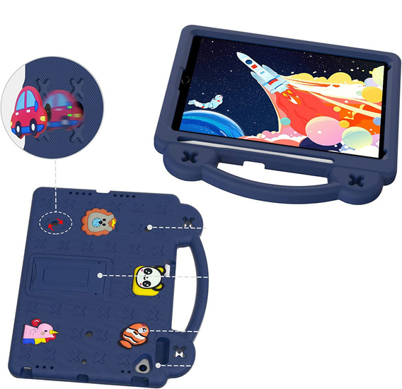 Children's case for iPad 10.2" 2021/2020/2019 (9/8/7 gen.) / Air 10.5" 2019 (3 gen.), Cute Patterns, with stand, dark blue