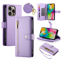 Flip case for iPhone 16 Pro, Wallet Zipper Pocket, purple