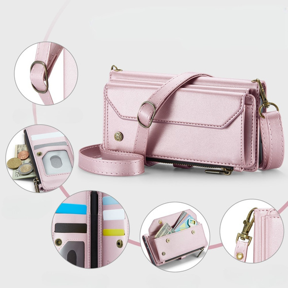 Case CASEME for Samsung Galaxy Z Fold6 5G, RFID Leather Wallet, with shoulder strap, pink