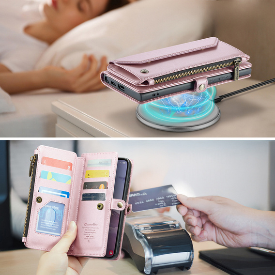 Case CASEME for Samsung Galaxy S25 FE, RFID Leather Wallet, with shoulder strap, pink