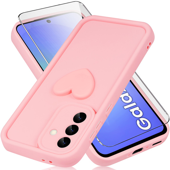 Case for Samsung Galaxy A36, Silicone Heart, pink + 9H tempered glass