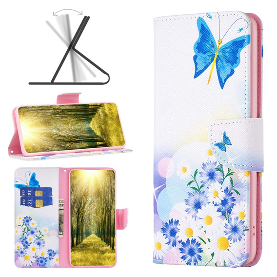 Flip case for Xiaomi Redmi 13C / Poco C65, Wallet, butterfly & flowers, white