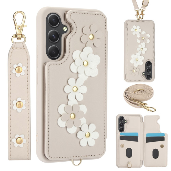Case for Samsung Galaxy S23 FE, Leather Flower Card Slot, beige