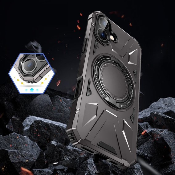 Case for iPhone 16, armored with stand and handle plate, grey