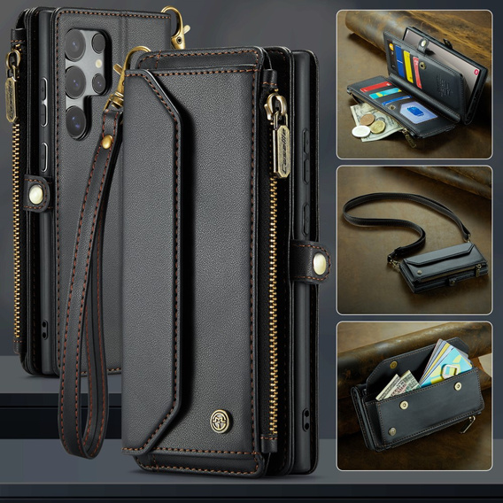 Case CASEME for Samsung Galaxy S25 Ultra, RFID Leather Wallet, with shoulder strap, black