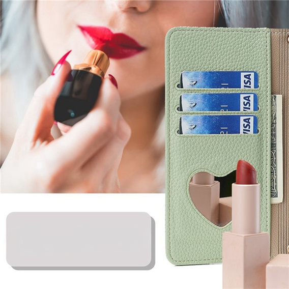 Flip case for Samsung Galaxy A56 5G, Wallet Zipper Pocket, with mirror, green
